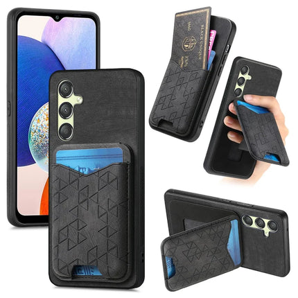 For Samsung Galaxy A14 4G / 5G Case Imprinted Pattern Card Holder Kickstand Leather Back Cover - Black
