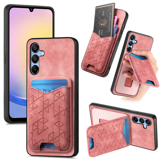 For Samsung Galaxy A15 4G / 5G Case Imprinted Pattern Card Holder Kickstand Leather Back Cover - Pink