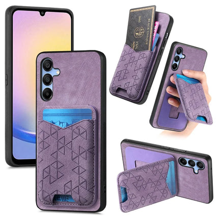 For Samsung Galaxy A15 4G / 5G Case Imprinted Pattern Card Holder Kickstand Leather Back Cover - Purple