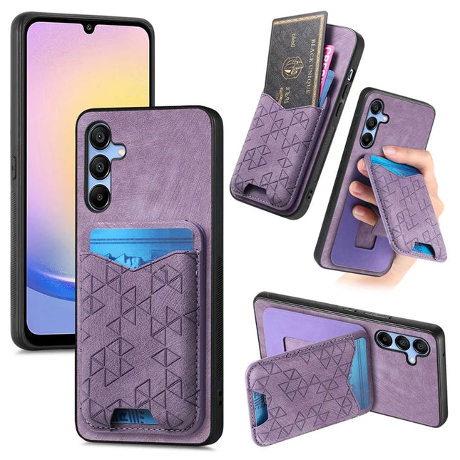 For Samsung Galaxy A15 4G / 5G Case Imprinted Pattern Card Holder Kickstand Leather Back Cover - Purple