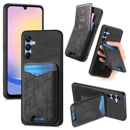 For Samsung Galaxy A15 4G / 5G Case Imprinted Pattern Card Holder Kickstand Leather Back Cover - Black