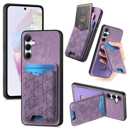 For Samsung Galaxy A35 5G Case Imprinted Pattern Card Holder Kickstand Leather Back Cover - Purple