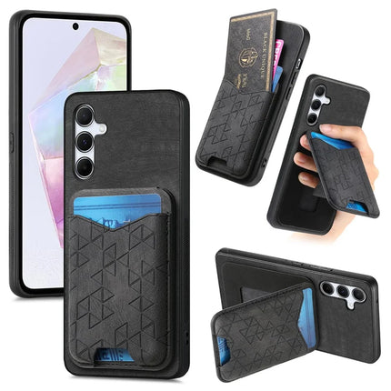 For Samsung Galaxy A35 5G Case Imprinted Pattern Card Holder Kickstand Leather Back Cover - Black