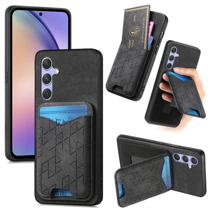 For Samsung Galaxy A54 5G Case Imprinted Pattern Card Holder Kickstand Leather Back Cover - Black