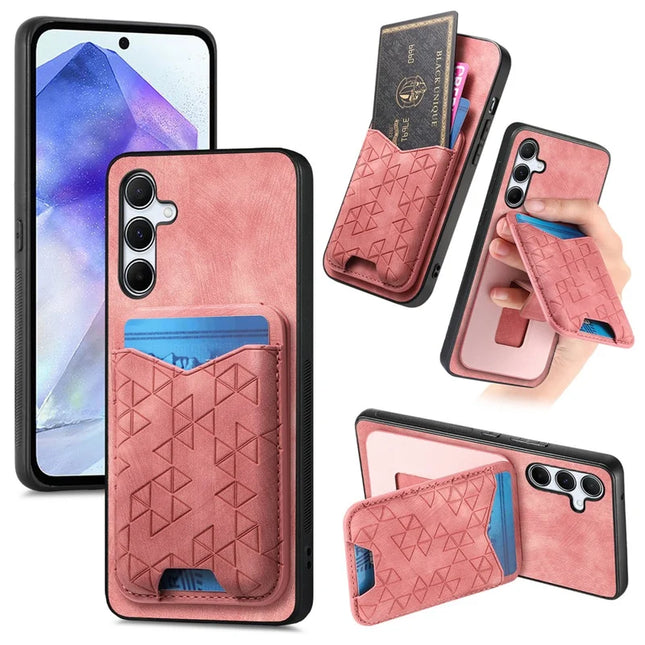 For Samsung Galaxy A55 5G Case Imprinted Pattern Card Holder Kickstand Leather Back Cover - Pink