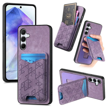 For Samsung Galaxy A55 5G Case Imprinted Pattern Card Holder Kickstand Leather Back Cover - Purple