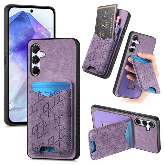 For Samsung Galaxy A55 5G Case Imprinted Pattern Card Holder Kickstand Leather Back Cover - Purple