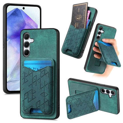 For Samsung Galaxy A55 5G Case Imprinted Pattern Card Holder Kickstand Leather Back Cover - Green