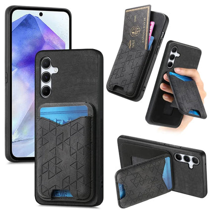 For Samsung Galaxy A55 5G Case Imprinted Pattern Card Holder Kickstand Leather Back Cover - Black