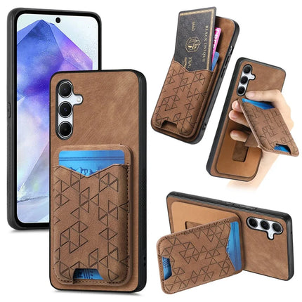 For Samsung Galaxy A55 5G Case Imprinted Pattern Card Holder Kickstand Leather Back Cover - Brown