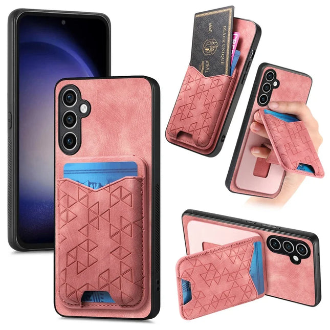 For Samsung Galaxy S23 FE Case Imprinted Pattern Card Holder Kickstand Leather Back Cover - Pink
