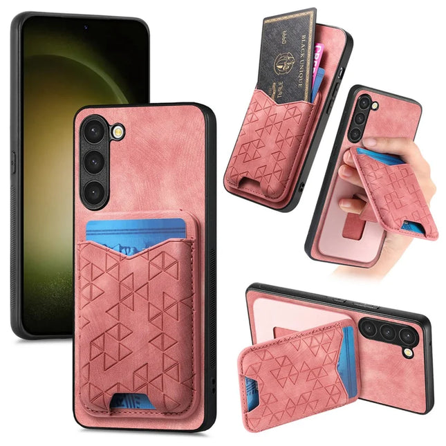 For Samsung Galaxy S23+ Case Imprinted Pattern Card Holder Kickstand Leather Back Cover - Pink