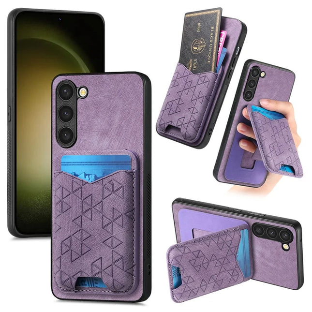 For Samsung Galaxy S23+ Case Imprinted Pattern Card Holder Kickstand Leather Back Cover - Purple