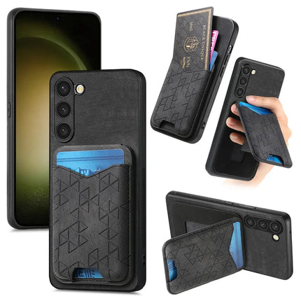 For Samsung Galaxy S23+ Case Imprinted Pattern Card Holder Kickstand Leather Back Cover - Black