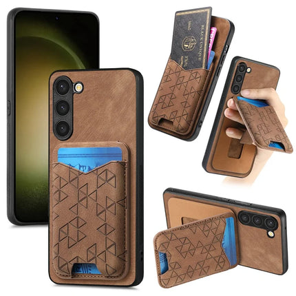 For Samsung Galaxy S23+ Case Imprinted Pattern Card Holder Kickstand Leather Back Cover - Brown