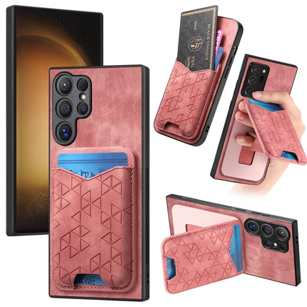 For Samsung Galaxy S23 Ultra Case Imprinted Pattern Card Holder Kickstand Leather Back Cover - Pink