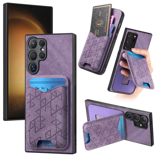 For Samsung Galaxy S23 Ultra Case Imprinted Pattern Card Holder Kickstand Leather Back Cover - Purple
