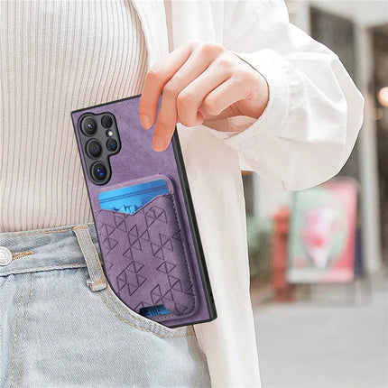 For Samsung Galaxy S23 Ultra Case Imprinted Pattern Card Holder Kickstand Leather Back Cover
