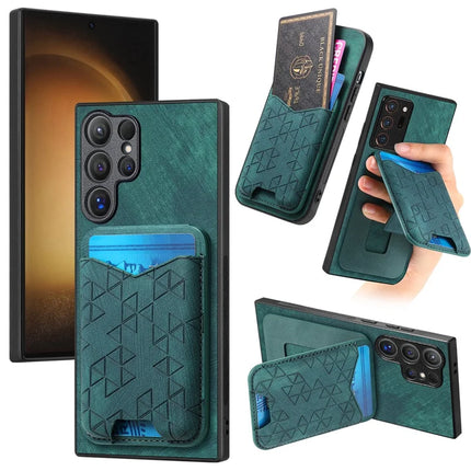 For Samsung Galaxy S23 Ultra Case Imprinted Pattern Card Holder Kickstand Leather Back Cover - Green