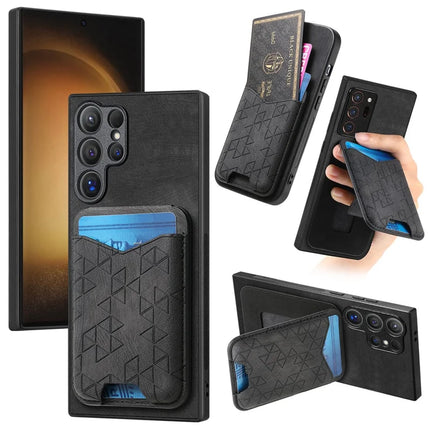 For Samsung Galaxy S23 Ultra Case Imprinted Pattern Card Holder Kickstand Leather Back Cover - Black