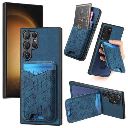 For Samsung Galaxy S23 Ultra Case Imprinted Pattern Card Holder Kickstand Leather Back Cover - Blue