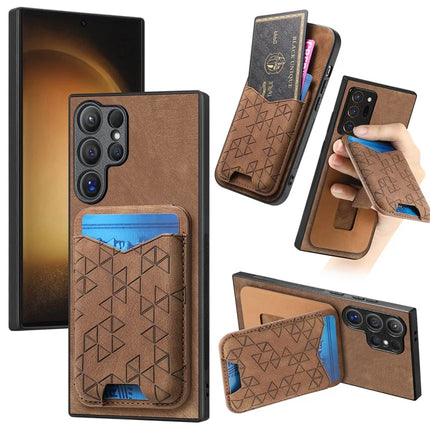 For Samsung Galaxy S23 Ultra Case Imprinted Pattern Card Holder Kickstand Leather Back Cover - Brown