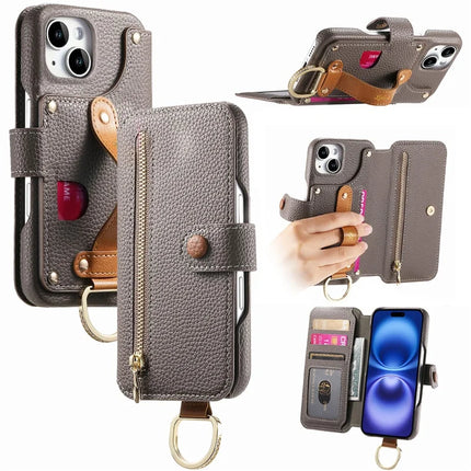 For iPhone 13 Case RFID Blocking Zipper Wallet PU Leather Mobile Cover - Grey
