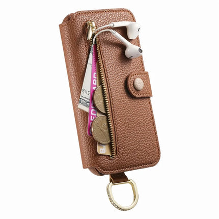 For iPhone 13 Case RFID Blocking Zipper Wallet PU Leather Mobile Cover