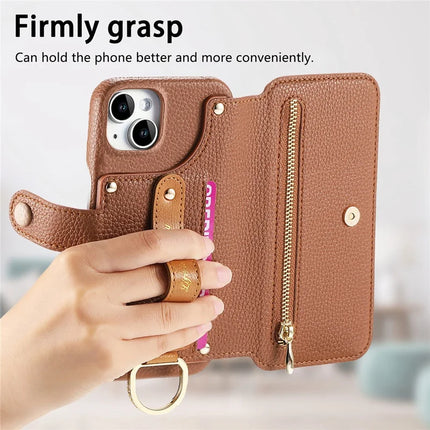 For iPhone 13 Case RFID Blocking Zipper Wallet PU Leather Mobile Cover