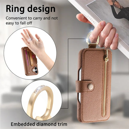 For iPhone 13 Case RFID Blocking Zipper Wallet PU Leather Mobile Cover