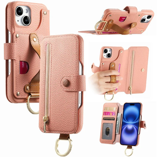 For iPhone 14 Case RFID Blocking Zipper Wallet PU Leather Mobile Cover - Pink