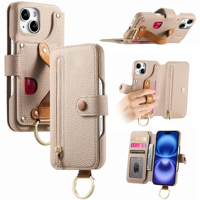 For iPhone 14 Case RFID Blocking Zipper Wallet PU Leather Mobile Cover - Khaki