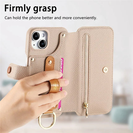 For iPhone 14 Case RFID Blocking Zipper Wallet PU Leather Mobile Cover