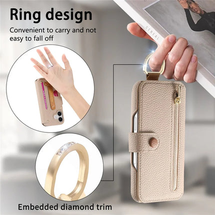 For iPhone 14 Case RFID Blocking Zipper Wallet PU Leather Mobile Cover
