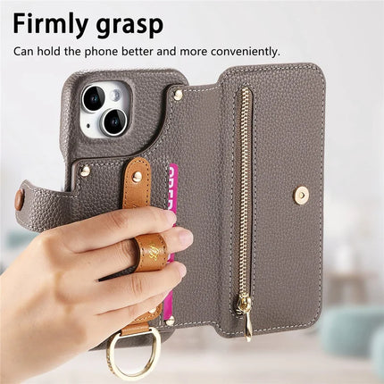 For iPhone 14 Case RFID Blocking Zipper Wallet PU Leather Mobile Cover