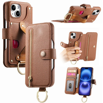 For iPhone 14 Case RFID Blocking Zipper Wallet PU Leather Mobile Cover - Brown