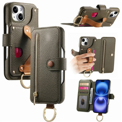 For iPhone 14 Case RFID Blocking Zipper Wallet PU Leather Mobile Cover - Green