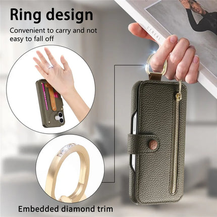 For iPhone 14 Case RFID Blocking Zipper Wallet PU Leather Mobile Cover