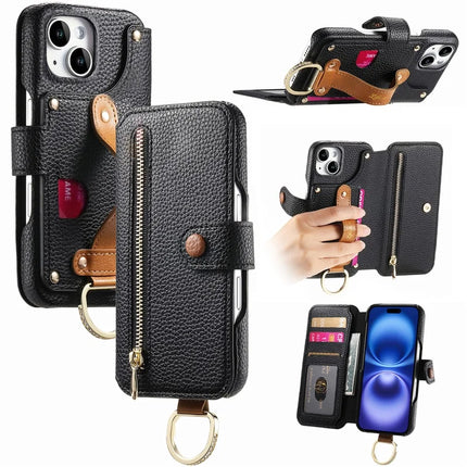 For iPhone 14 Case RFID Blocking Zipper Wallet PU Leather Mobile Cover - Black