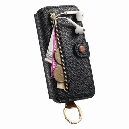 For iPhone 14 Case RFID Blocking Zipper Wallet PU Leather Mobile Cover