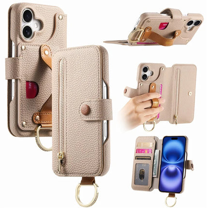 For iPhone 16 Plus Case RFID Blocking Zipper Wallet PU Leather Mobile Cover - Khaki