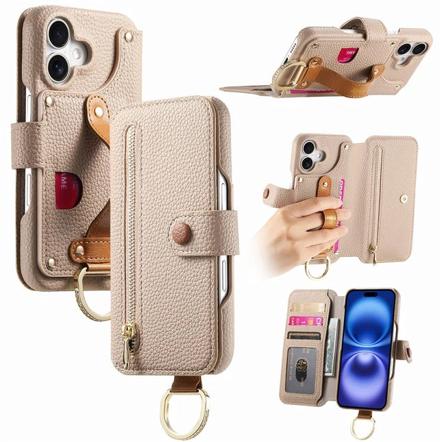 For iPhone 16 Plus Case RFID Blocking Zipper Wallet PU Leather Mobile Cover - Khaki