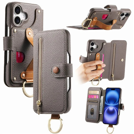 For iPhone 16 Plus Case RFID Blocking Zipper Wallet PU Leather Mobile Cover - Grey
