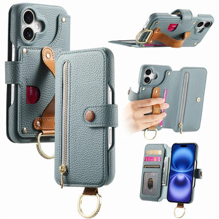 For iPhone 16 Plus Case RFID Blocking Zipper Wallet PU Leather Mobile Cover - Blue