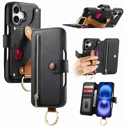 For iPhone 16 Plus Case RFID Blocking Zipper Wallet PU Leather Mobile Cover - Black