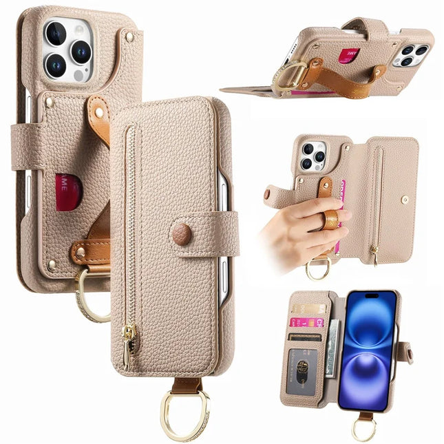 For iPhone 16 Pro Max Case RFID Blocking Zipper Wallet PU Leather Mobile Cover - Khaki