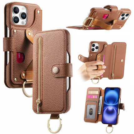 For iPhone 16 Pro Max Case RFID Blocking Zipper Wallet PU Leather Mobile Cover - Brown