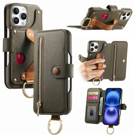 For iPhone 16 Pro Max Case RFID Blocking Zipper Wallet PU Leather Mobile Cover - Green