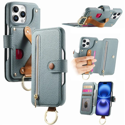 For iPhone 16 Pro Max Case RFID Blocking Zipper Wallet PU Leather Mobile Cover - Blue