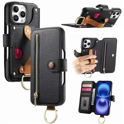 For iPhone 16 Pro Max Case RFID Blocking Zipper Wallet PU Leather Mobile Cover - Black